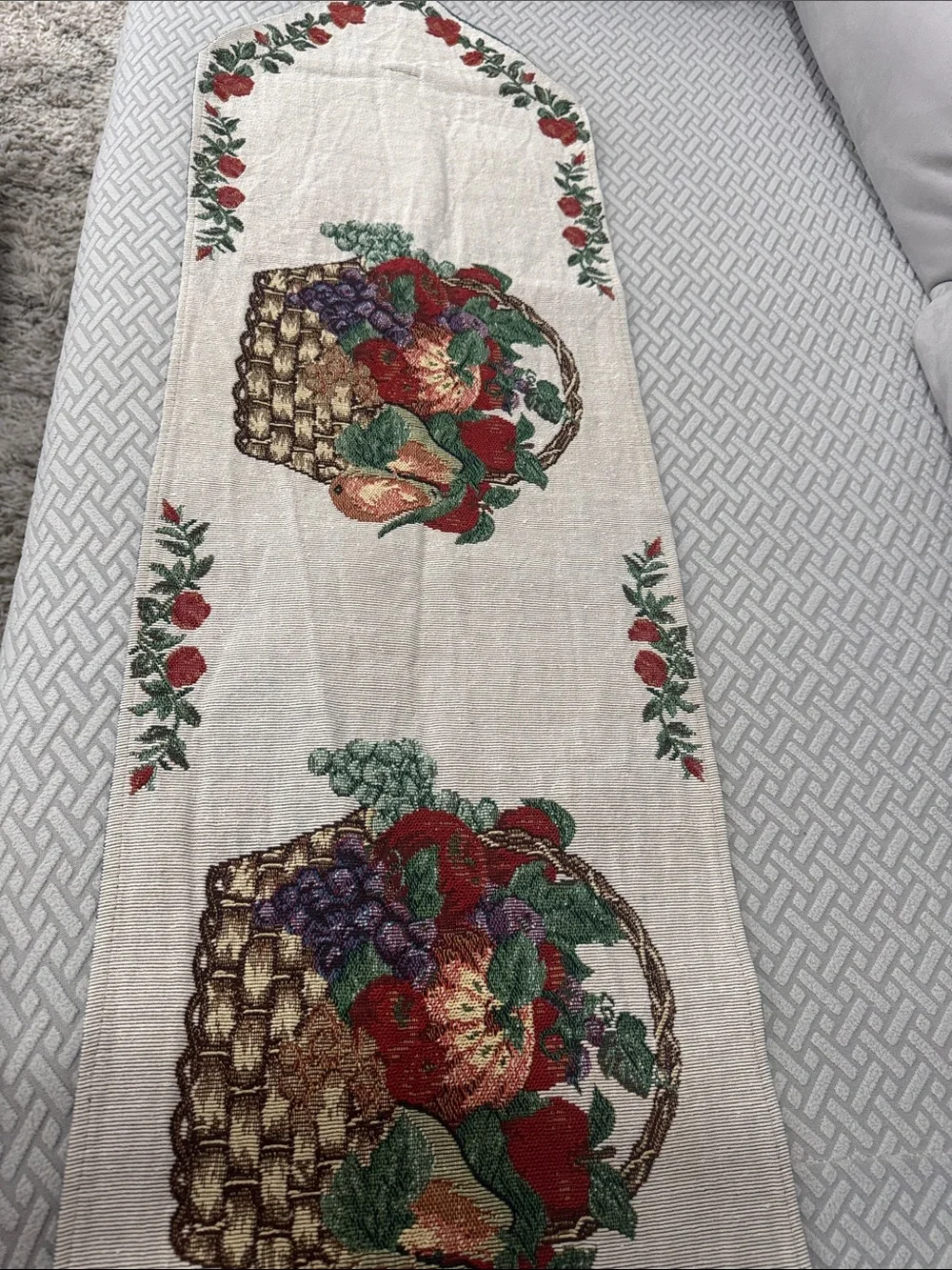 Vintage Tapestry Fruit Basket Embroidered Table Runner and 2 Placemats 70” Long